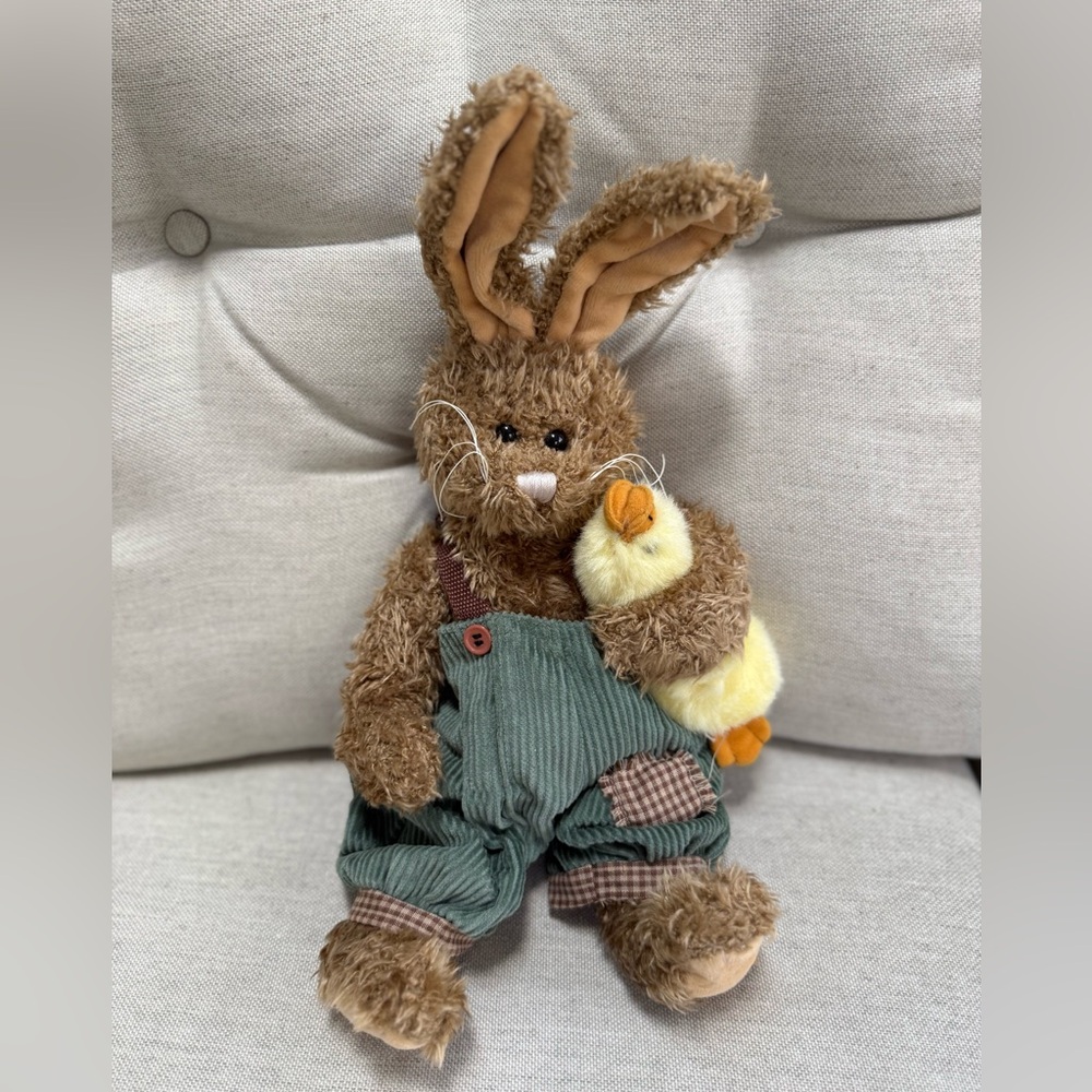 Boyds Bears Brown Bunny with Green Overalls.  Easter decor.